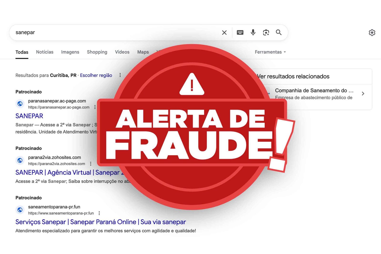 Alerta da Sanepar: golpe da fatura falsa usa sites patrocinados para desviar pagamentos