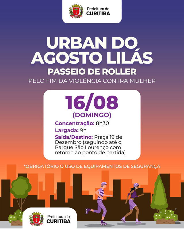 Curitiba promove passeio de roller gratuito neste domingo (16) para o Agosto Lilás. Saiba o trajeto, regras e como participar do evento na capital paranaense.