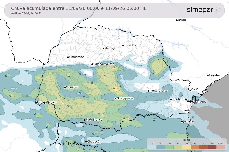 Paraná entra em alerta para chuvas volumosas de até 200 mm