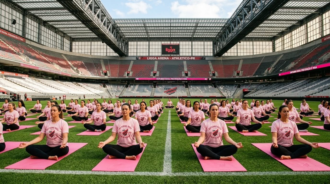 Arena da Baixada recebe aulão de yoga beneficente no Outubro Rosa com kit exclusivo
