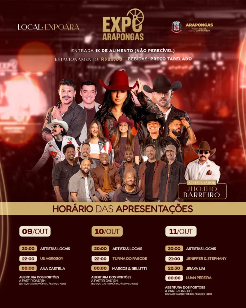 ExpoArapongas 2026: Ana Castela, Luan Pereira e Turma do Pagode agitam os 79 anos da cidade